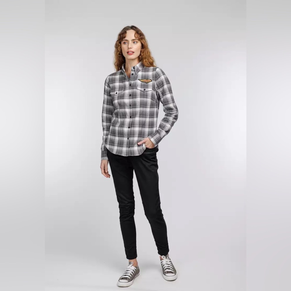 Harley Davidson 120th Anniversary Retro Flannel Shirt black gray plaid sz M